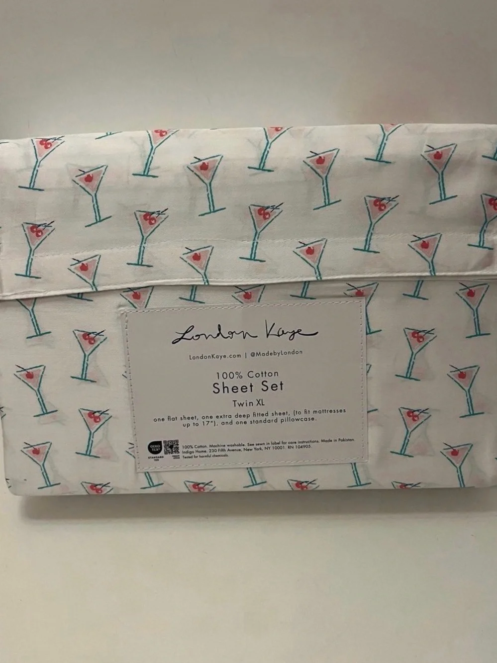 London Kaye Twin XL Size Cotton Sheet Set Martini Glasses Print White Pink Green
